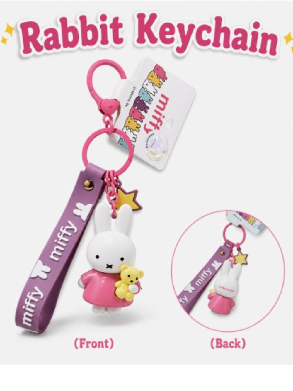 New Miffy Rabbit Bear Key Fob Keychain Charm Bag Holder Star Clip Purple Teddy